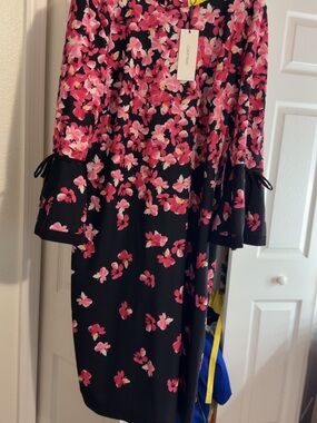 Calvin Klein Black Dress with Pink Floral Bell Sleeves